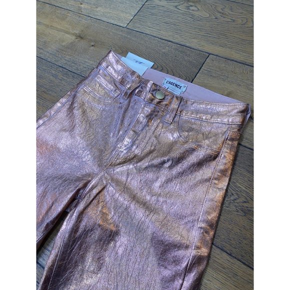 L'Agence Margot Light Rose Gold Foil High Rise Skinny Jeans Women's Size 25 - Picture 9 of 12